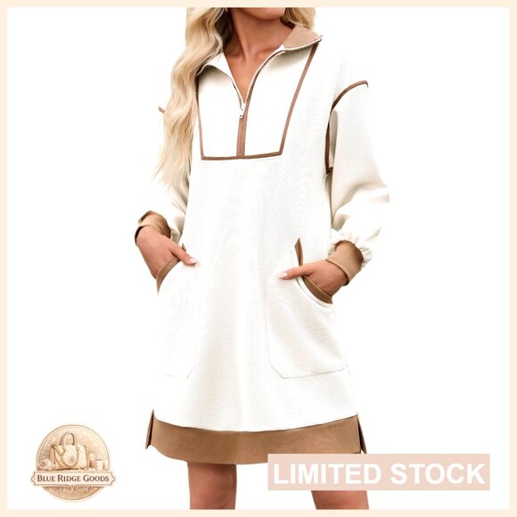 Oversized Sweatshirt Dress Half Zip V Neck Long Sleeve Casual Mini - Picture 1 of 7